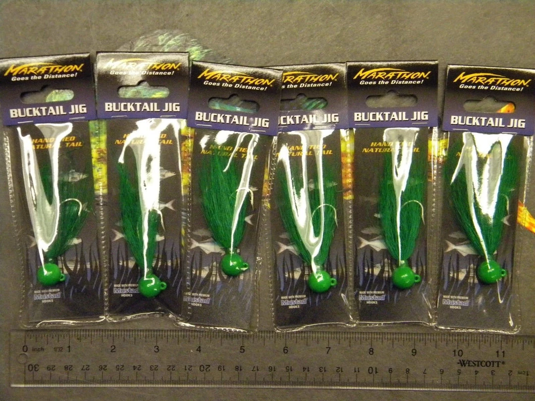 Lures Tsunami Marathon Bucktail Lead Head Jig Mustad MBJ12-LG 1/2oz Lure LOT 6 Green 3 Lures Tsunami Marathon Bucktail Lead Head Jig Mustad MBJ12-LG 1/2oz Lure LOT 6 Green